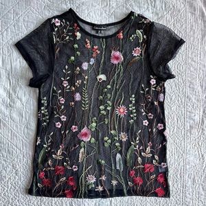 NWOT - black mesh tshirt with colorful embroidered flowers